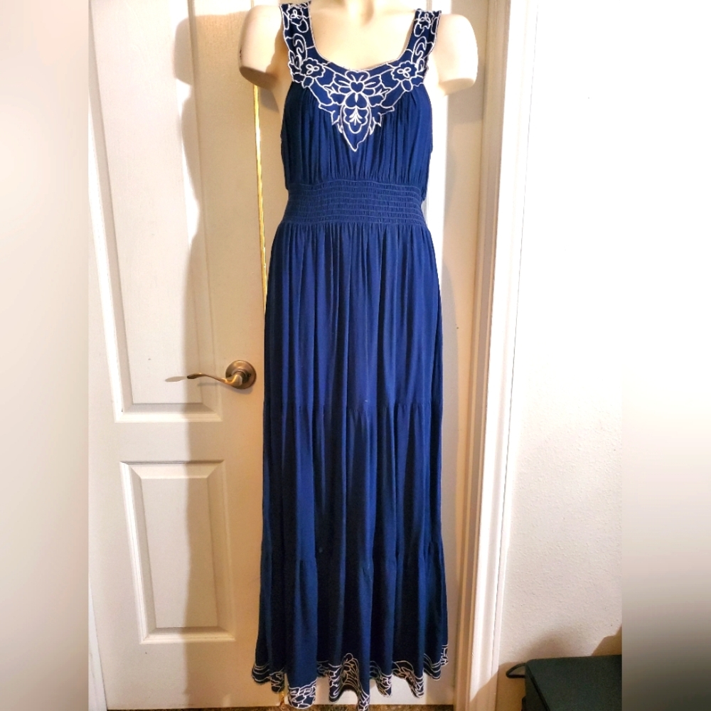 Blue Maxi dress with white embroidery by As U Wish size medium